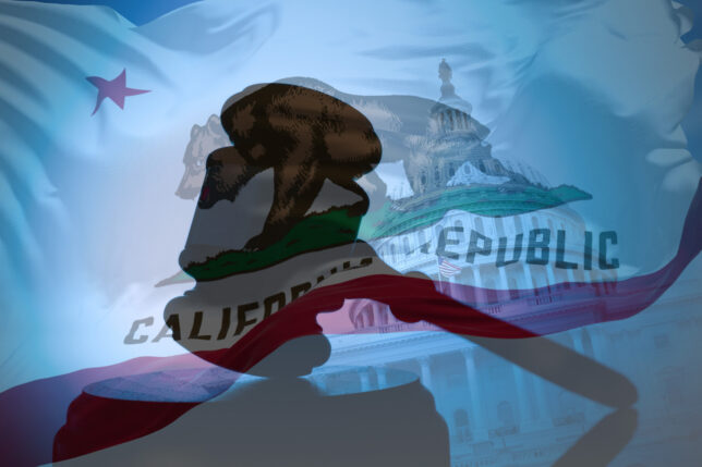 stock photo of gavel superimposed over California flag